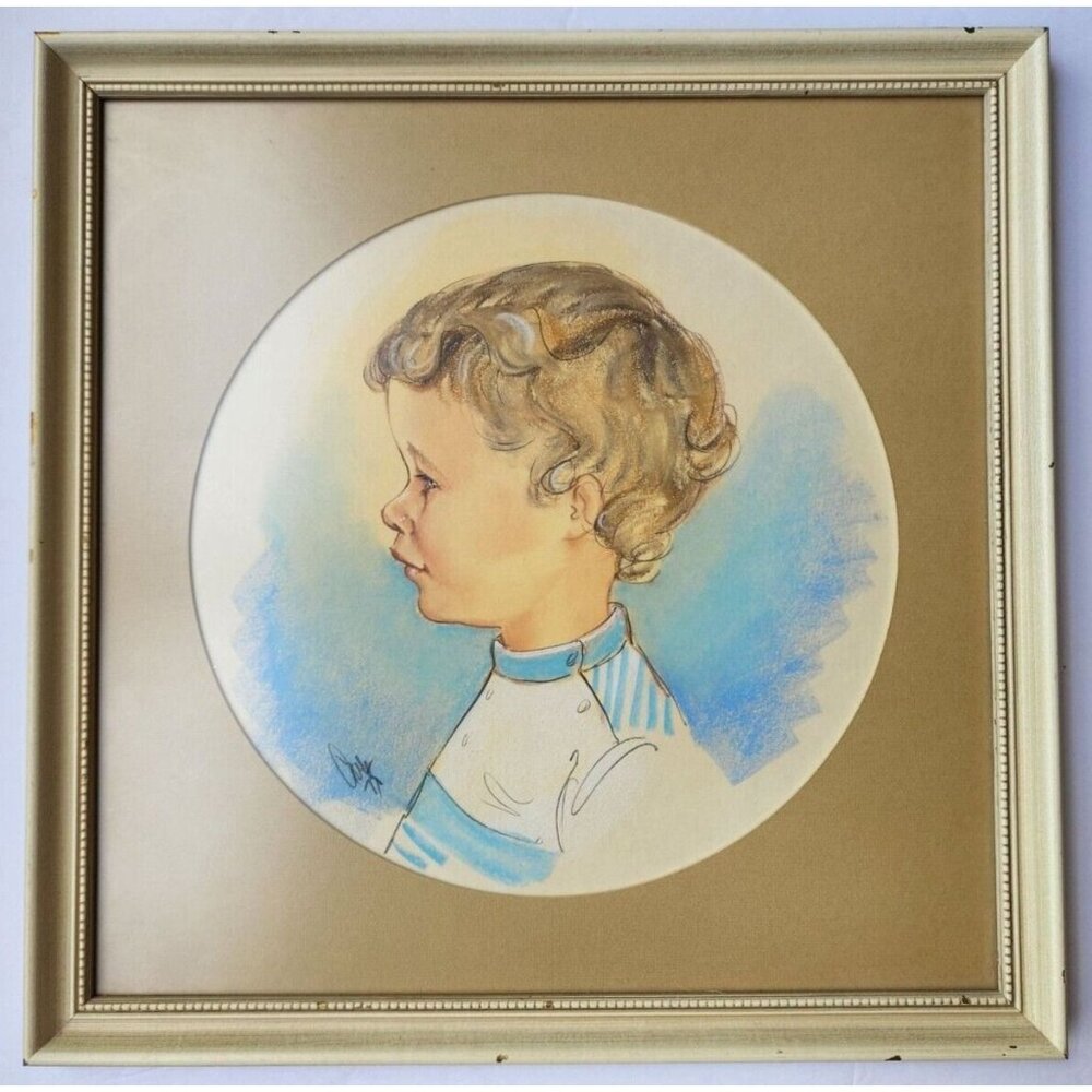 Vintage Mid Century Child Portrait, Original Oil Pastel Drawing, Framed 17" x 17